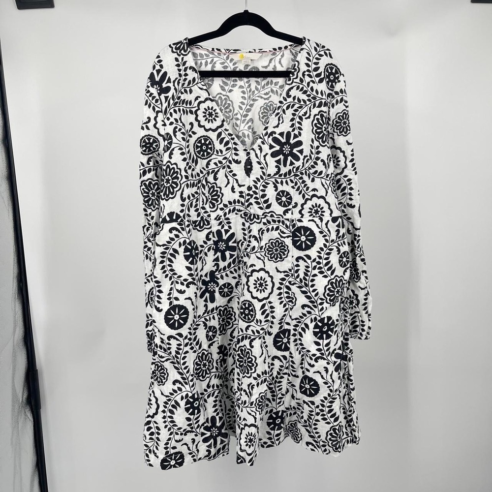 Boden Women's Floral Linen Long Sleeve Mini Dress 6 S Coastal Travel Resort Boho